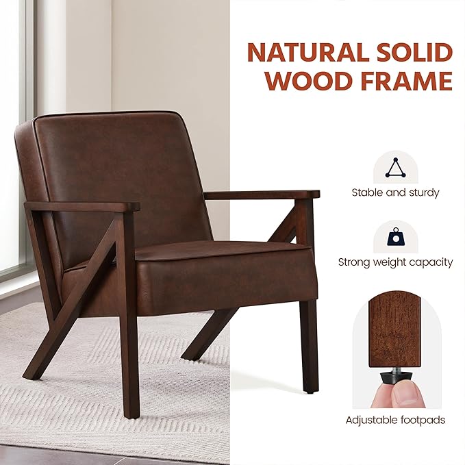 Yaheetech Accent Chair, Armchair with Strong Wood Frame, PU Leather Modern Retro Lounge Chair for Living Room/Lounge/Office/Reception Area, Dark Brown - LeafyLoom