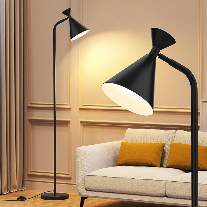 PARTPHONER Floor Lamp for Living Room, Modern Adjustable Metal Heads Standing Lamps, Simple Design Black Floor Lamp with Foot Switch for Bedroom, Office, Kids Room, Reading, Working(Bulb Not Included) - LeafyLoom