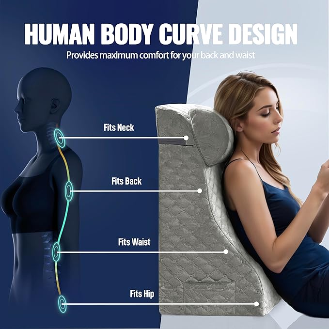 Reading Pillows for Sitting in Bed Adult Back Pillow for Bed Sitting Up, Back Support Pillow for Bed with Adjustable Roller, Foam Wedge Pillow for Neck, Lumbar, Back, Gray, 20 * 12 * 26IN - LeafyLoom