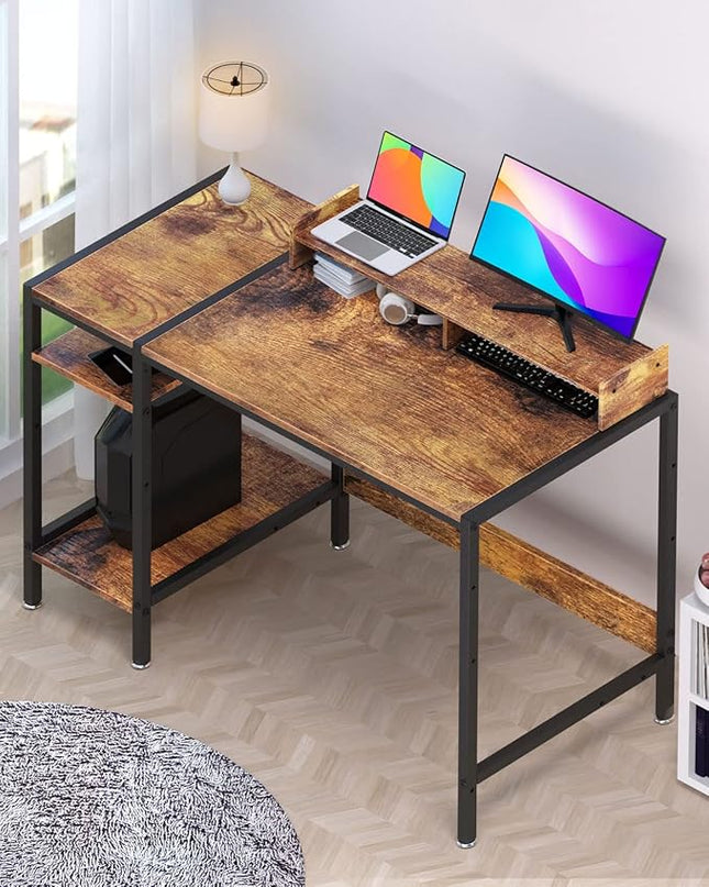 Computer Desk - 39” Gaming Desk, Home Office Desk with Storage, Small Desk with Monitor Stand, Rustic Writing Desk for 2 Monitors, Adjustable Storage Space, Modern Design Corner Table. - LeafyLoom