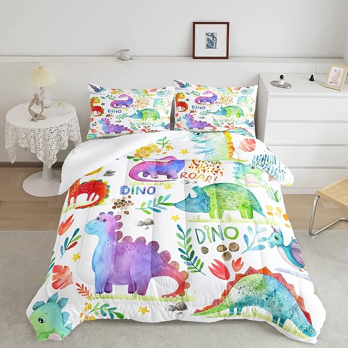 CVHOUSE Dinosaur Bedding Set,Dinosaur Comforter,Dinosaur Comforter Set Queen,Microfiber Quilt Set with 1 Comforter and 2 Pillow Cases- 3 Piece - LeafyLoom