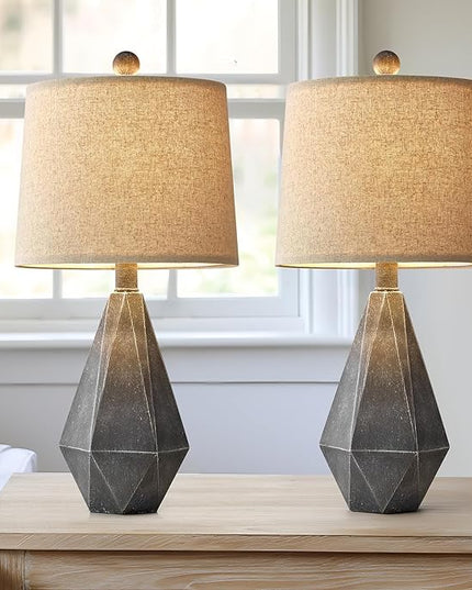 PoKat 20.25" Rustic Farmhouse Table Lamp Sets of 2 for Living Room Bedroom Deep Grey Contemporary Classic Bedside Nightstand Lamp with White Fabric Shade - LeafyLoom