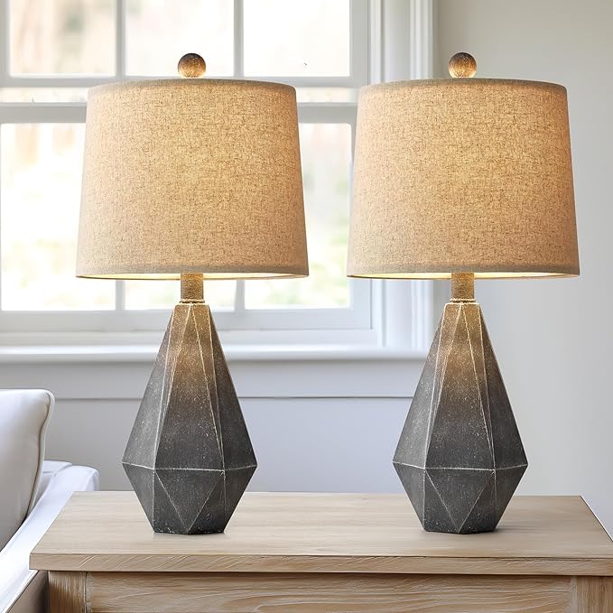 PoKat 20.25" Rustic Farmhouse Table Lamp Sets of 2 for Living Room Bedroom Deep Grey Contemporary Classic Bedside Nightstand Lamp with White Fabric Shade - LeafyLoom