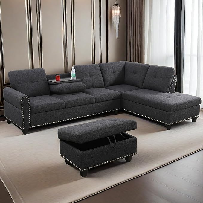 L Shaped Sofa with Ottoman Modern Nail-Head Design Linen Facing Sectional Couches with Cup Holder for Living Room, Bedroom, Office, Dark Grey with Right Chaise - LeafyLoom