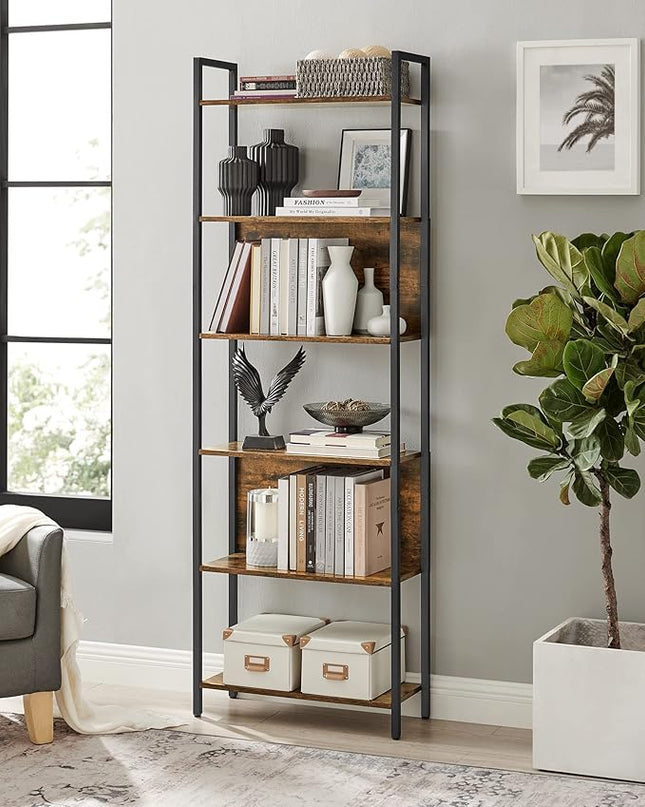 VASAGLE 6-Tier Bookshelf, Book Shelf, Industrial Bookcase, with Steel Frame, for Living Room, Home Office, Bedroom, 9.4 x 23.6 x 73.2 Inches, Rustic Brown and Black ULLS113B01 - LeafyLoom
