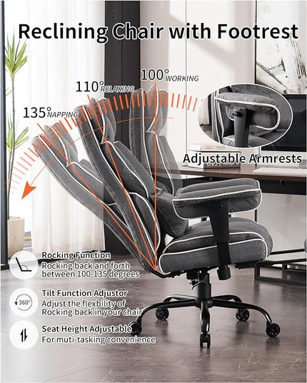 Fabric Office Chair, Big and Tall Office Chair 400 lb Weight Capacity, High Back Executive Office Chair with Foot Rest, Ergonomic Office Chair for Back Pain Relief, Gray - LeafyLoom