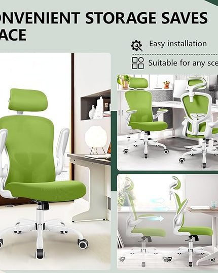FelixKing Premium Ergonomic Office Chair with Adjustable Headrest, Thickened 90° Flip Armrests, and Lumbar Support – Height Adjustable | Ideal for Home Office Desks and Workstations | Green - LeafyLoom