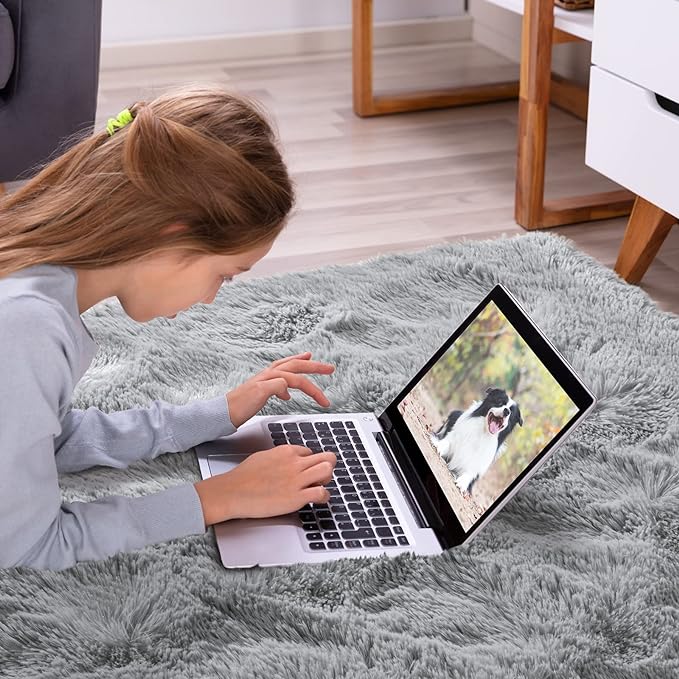 Softlife Grey 4x5.3 Feet Area Rug for Living Room Bedroom Super Soft Shaggy Rugs for Boys Girls Kids Room Fluffy Fuzzy Carpets Long Plush Bedside Rug Nursery Christmas Home Decoration - LeafyLoom