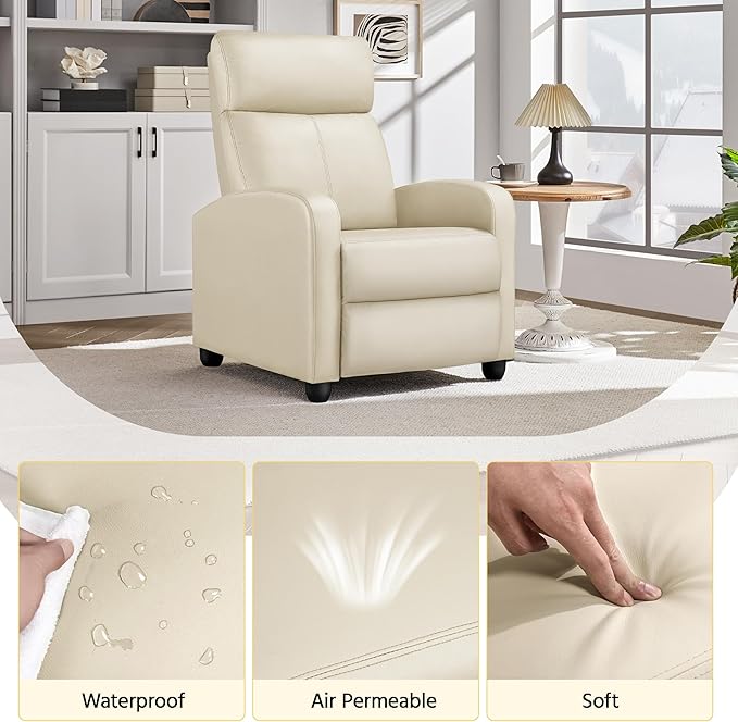 Yaheetech Recliner Chair PU Leather Recliner Sofa Home Theater Seating Adjustable Modern Single Reclining Chair Sofa with Pocket Spring Living Room Bedroom Beige - LeafyLoom