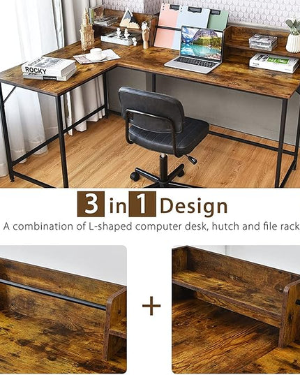 LUARANE 65.5 Inches L-Shaped Desk, Industrial Computer Desk with Hutch File Rack, Space Saving Corner Desk with Metal Frame, Computer Workstation for Home Office (Coffee) - LeafyLoom