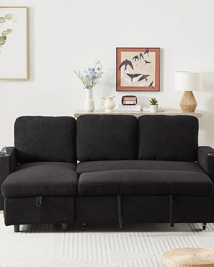 3 Seater Reversible Sleeper Sectional Sofa Bed with Storage Chaise Lounge and Cupholders, Corduroy Upholstered Convertible Sofabed Corner Couch,L Shaped Sofá for Living Room Office, Black 78.5" - LeafyLoom