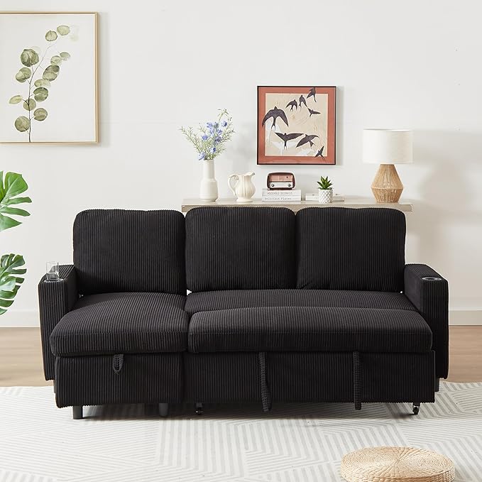 3 Seater Reversible Sleeper Sectional Sofa Bed with Storage Chaise Lounge and Cupholders, Corduroy Upholstered Convertible Sofabed Corner Couch,L Shaped Sofá for Living Room Office, Black 78.5" - LeafyLoom