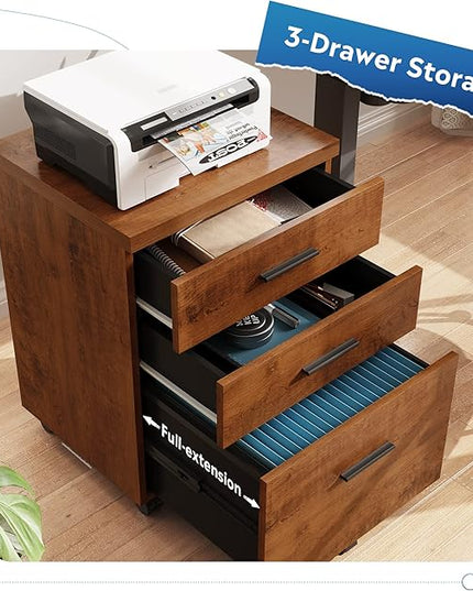 DEVAISE 3 Drawer File Cabinet for Home Office, Wood Under Desk Filing Cabinet, Rolling Printer Stand with Wheels, Walnut - LeafyLoom