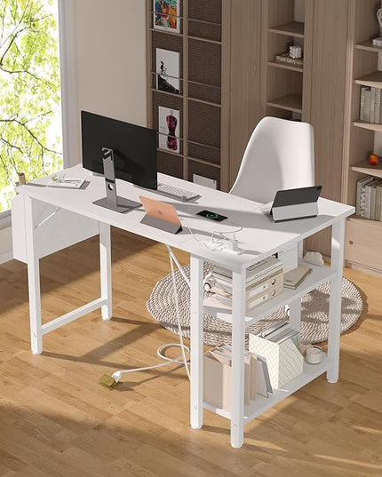 White L Shaped Computer Desk with Power Outlet Shelves, 40 Inch Small Corner Desk for Small Space Home Office, Study Work PC Desks for Bedroom, White - LeafyLoom