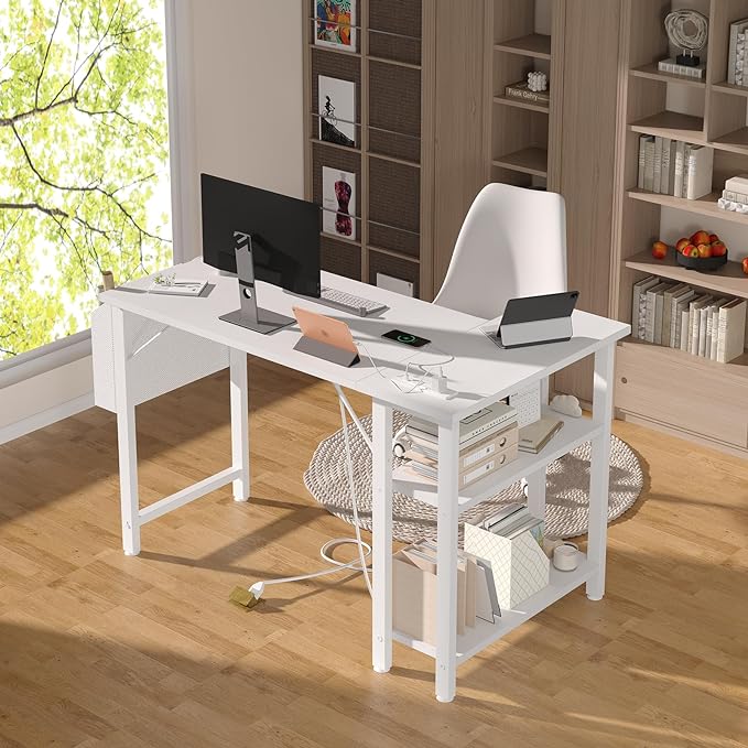 White L Shaped Computer Desk with Power Outlet Shelves, 40 Inch Small Corner Desk for Small Space Home Office, Study Work PC Desks for Bedroom, White - LeafyLoom