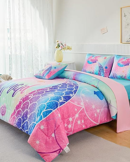 RYNGHIPY Mermaid Queen Girls Bedding Set, Colorful Rainbow Kids Girls Comforter Set with Sheets Soft and Lightweight, 6 Pieces Teen Girls Bed in a Bag - LeafyLoom