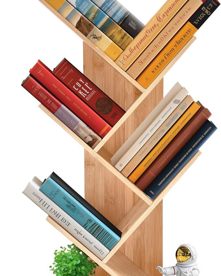 Prosumers Choice Wooden Bookshelf Storage Rack 25.4 x13.8 x 6.3in - 4Tier Bamboo Shelf to Maximize Vertical Space - Cool Tree Bookshelf - Unique Bookshelves - Vinyl organizer, Plants, and Decorations - LeafyLoom