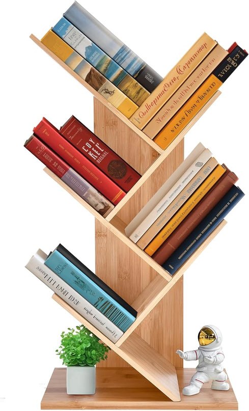 Prosumers Choice Wooden Bookshelf Storage Rack 25.4 x13.8 x 6.3in - 4Tier Bamboo Shelf to Maximize Vertical Space - Cool Tree Bookshelf - Unique Bookshelves - Vinyl organizer, Plants, and Decorations - LeafyLoom