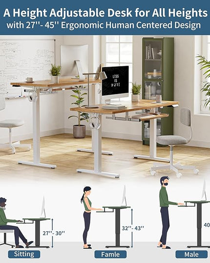 BANTI 63" x 24" Height Adjustable Electric Standing Desk with Keyboard Tray, Sit Stand up Desk with Splice Board, White Frame/Light Rustic Brown Top - LeafyLoom