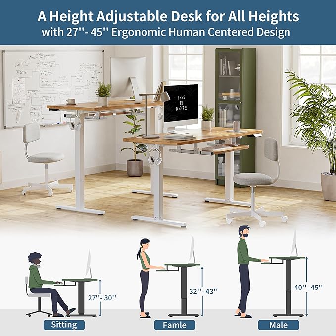 BANTI 63" x 24" Height Adjustable Electric Standing Desk with Keyboard Tray, Sit Stand up Desk with Splice Board, White Frame/Light Rustic Brown Top - LeafyLoom