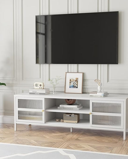 TV Stand for 55 60 inch TV, Glass Door Metal TV Cabinet Modern Mid Century Entertainment Center with Storage, TV Industrial Media Console Table 2 Cabinet for Living Room, Bedroom (White) - LeafyLoom