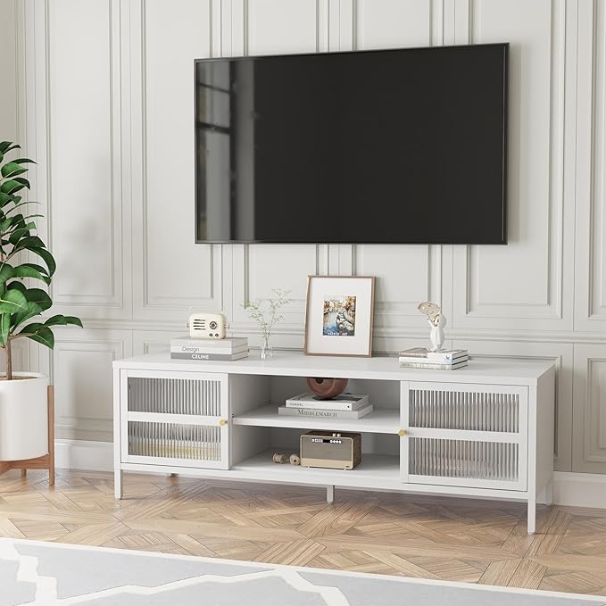 TV Stand for 55 60 inch TV, Glass Door Metal TV Cabinet Modern Mid Century Entertainment Center with Storage, TV Industrial Media Console Table 2 Cabinet for Living Room, Bedroom (White) - LeafyLoom