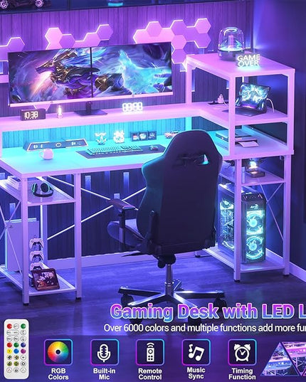 Cyclysio 55 inch Gaming Desk with LED Light, Adjustable Computer Desk with Storage Shelves, Home Office Desk with Power Outlets, Computer Gaming Desk with Long Monitor Stand for Small Space, White - LeafyLoom