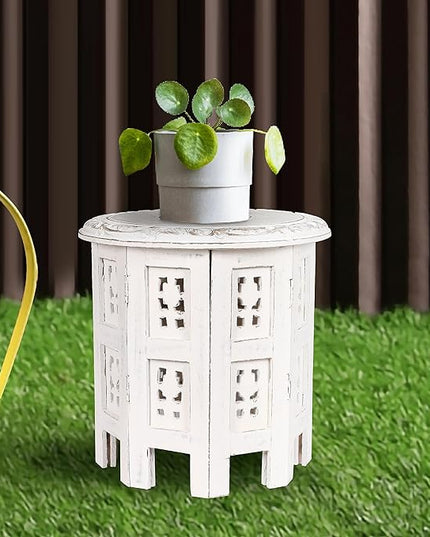 Altar Table,Round Side Table,Small Table, Round End Table,Side Table, Side Tables Living Room,End Table,Carved Side Table,Wood Accent Table,Carved Wood Table 12" Round Top x 12" High White Antique - LeafyLoom