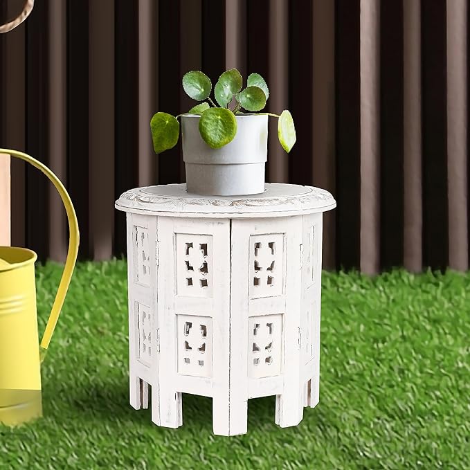 Altar Table,Round Side Table,Small Table, Round End Table,Side Table, Side Tables Living Room,End Table,Carved Side Table,Wood Accent Table,Carved Wood Table 12" Round Top x 12" High White Antique - LeafyLoom