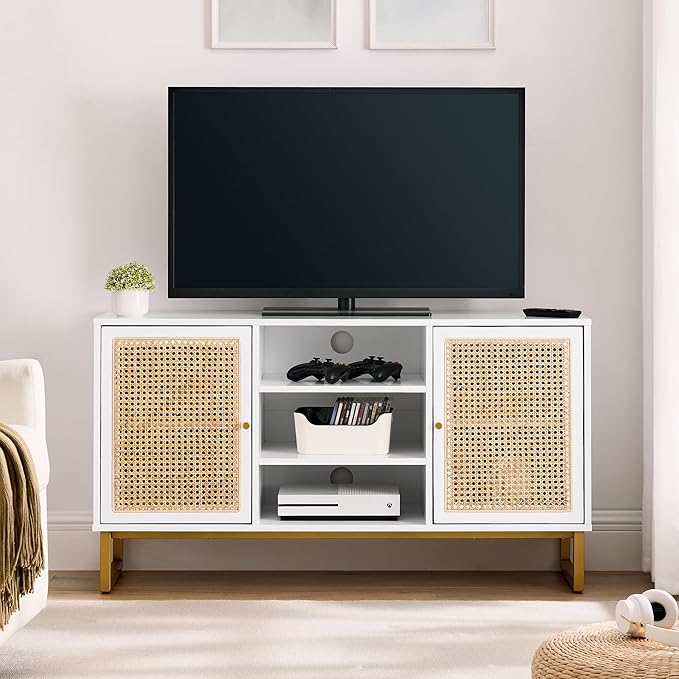 NicBex TV Stand for 55 Inch TV Modern TV Media Console Table with Adjustable Shelf, Rattan Sideboard,Entertainment Center with Storage for Living Room,Bedroom,47 Inch,White - LeafyLoom