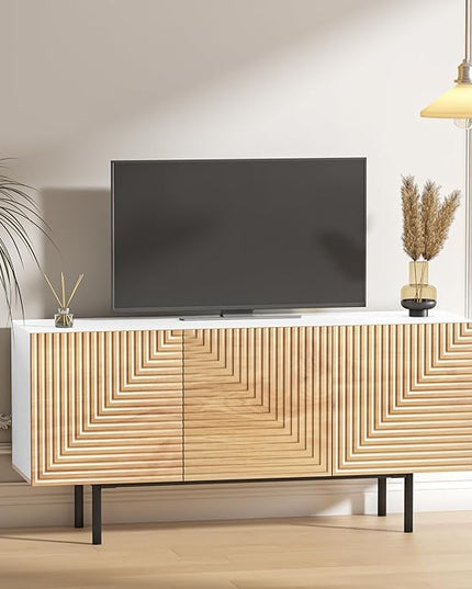 roomfitters Mid Century Modern TV Stand for TVs up to 65", Boho Sideboard Buffet Cabinet Credenza, Media Console Entertainment Center for Living Room, Poplar Wood Print Carved and Geometric Design - LeafyLoom