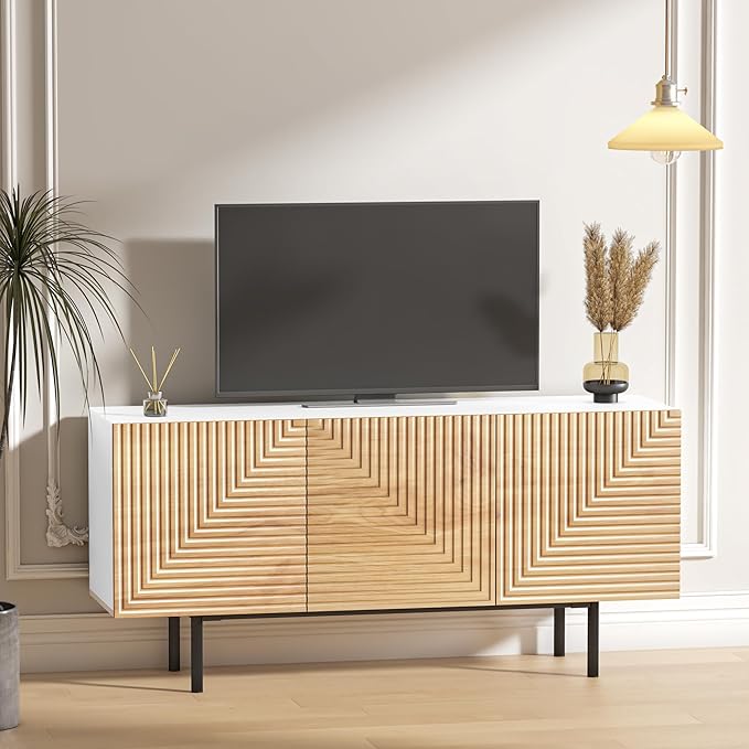 roomfitters Mid Century Modern TV Stand for TVs up to 65", Boho Sideboard Buffet Cabinet Credenza, Media Console Entertainment Center for Living Room, Poplar Wood Print Carved and Geometric Design - LeafyLoom