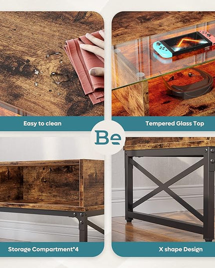 Bestier LED Coffee Tables for Living Room, 42 Inch Wood Center Table with Glass Top for Game Night. Rustic Brown - LeafyLoom