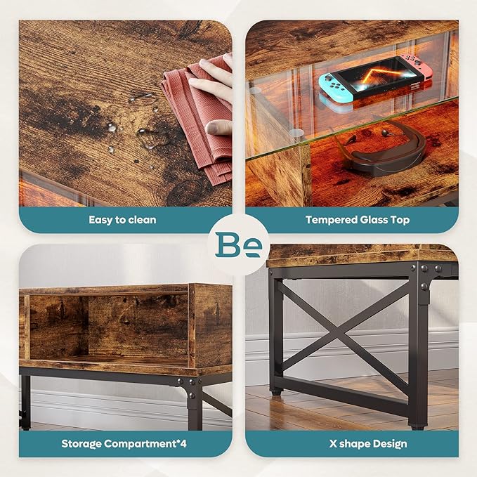 Bestier LED Coffee Tables for Living Room, 42 Inch Wood Center Table with Glass Top for Game Night. Rustic Brown - LeafyLoom
