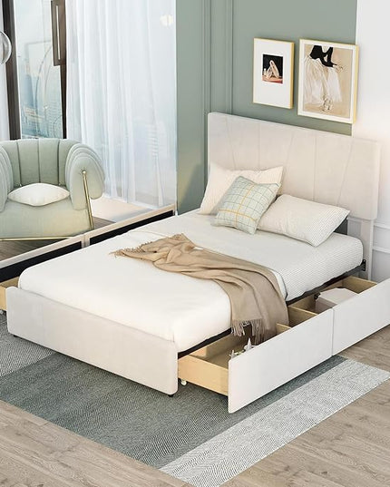 Full Size Upholstered Platform Bed Frame with 4 Storage Drawers and Adjustable Headboard, Wooden Slats Support, No Box Spring Needed, Beige - LeafyLoom