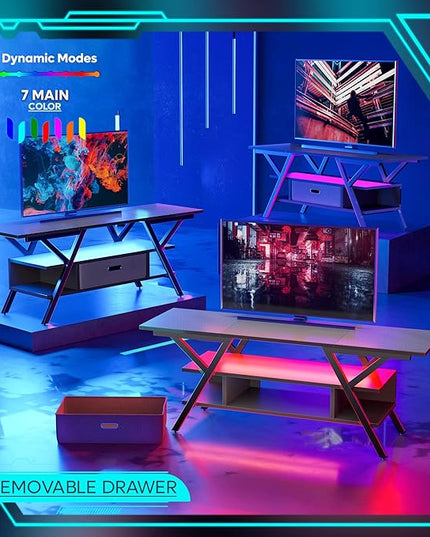 Bestier LED Entertainment Center Gaming TV Stand 55 inch for TV up to 65 in, Game Console Table W/Storage for Living Room Bedroom 20 Dynamic RGB Modes TV Console for PS5, Carbon Fiber Black - LeafyLoom
