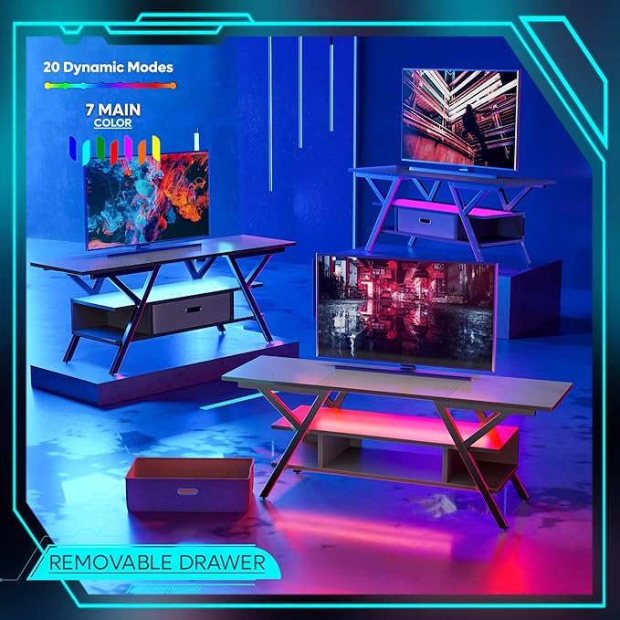 Bestier LED Entertainment Center Gaming TV Stand 55 inch for TV up to 65 in, Game Console Table W/Storage for Living Room Bedroom 20 Dynamic RGB Modes TV Console for PS5, Carbon Fiber Black - LeafyLoom