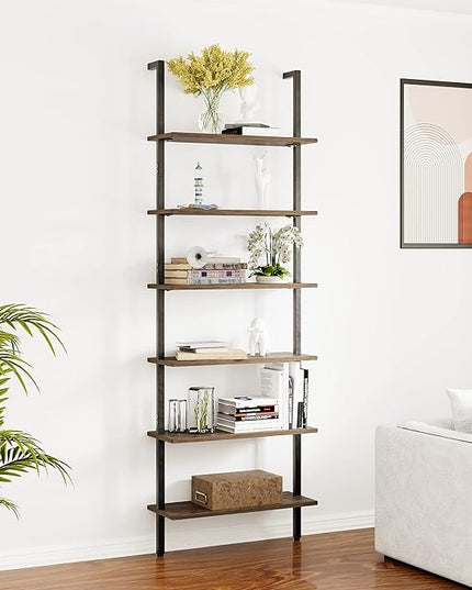 Ladder Shelf Black 6 Tiers Modern Bookshelf Room Organizer Open Tall Wall Mount Bookcase Standing Leaning Wall Shelves Industrial Decorative Living Room Bed Room - LeafyLoom