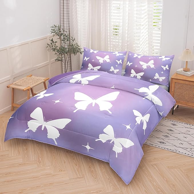 Tailor Shop Butterfly Comforter Sets Full Size,Purple Butterfly Bedding Sets for Girls Kids Teens with 2 Pillowcase… - LeafyLoom