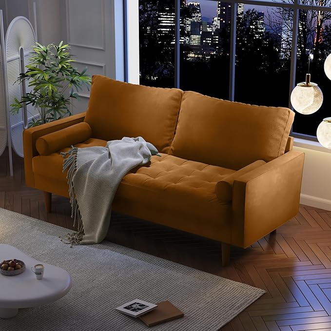 Velvet Furniture for Small Spaces, Mid-Century Modern Loveseats for Living Room, Love Seat Couch Sofas, 70 Inches, Ginger - LeafyLoom