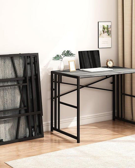 31 Inch Folding Small Computer Desk, Foldable Space-Saving Home Office Table, Simple Study Writing Gaming Workstation for Small Space, No Assembly Needed, Grey Oak - LeafyLoom