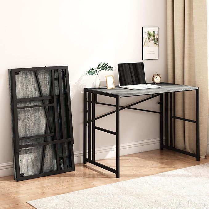 31 Inch Folding Small Computer Desk, Foldable Space-Saving Home Office Table, Simple Study Writing Gaming Workstation for Small Space, No Assembly Needed, Grey Oak - LeafyLoom