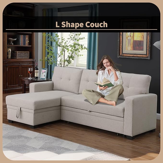 4-in-1 Modular Sofa Bed Convertible Living Room Furniture Sets Upholstered, L Shaped Sectional Comfy Couch with Reversible Storage Chaise for Apartment, Studio, Office, Beige-2 - LeafyLoom