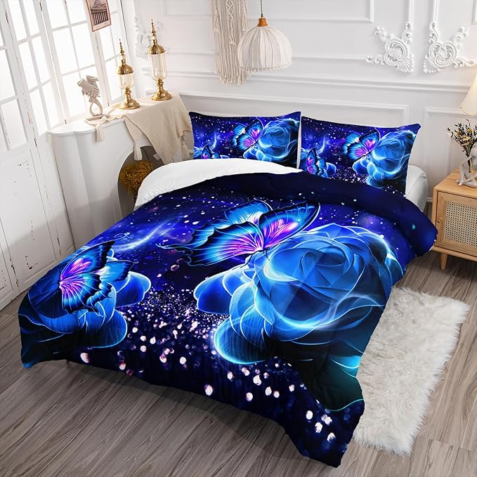 Galaxy Butterfly Comforter Set Twin Size for Girls Kids Adults Butterfly Rose Bedding Set Aesthetics Butterflies Quilt Bed Set with 1 Comforter and 2 Pillowcases - LeafyLoom