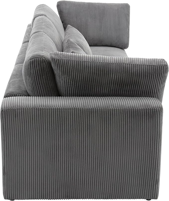 Morden Soft Corduroy Upholstered 3 Seater Sofa Couch with Removable Back Cushions and 5 Pillows for Living Room, Apartment, Office, 105", Gray-403 - LeafyLoom