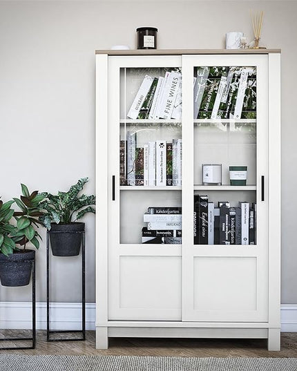 Ameriwood Home Chapel Hill Rustic Farmhouse Bookcase Cabinet with Sliding Glass Doors, White with Brown Oak Top - LeafyLoom