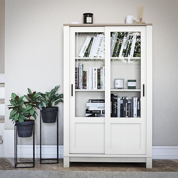 Ameriwood Home Chapel Hill Rustic Farmhouse Bookcase Cabinet with Sliding Glass Doors, White with Brown Oak Top - LeafyLoom