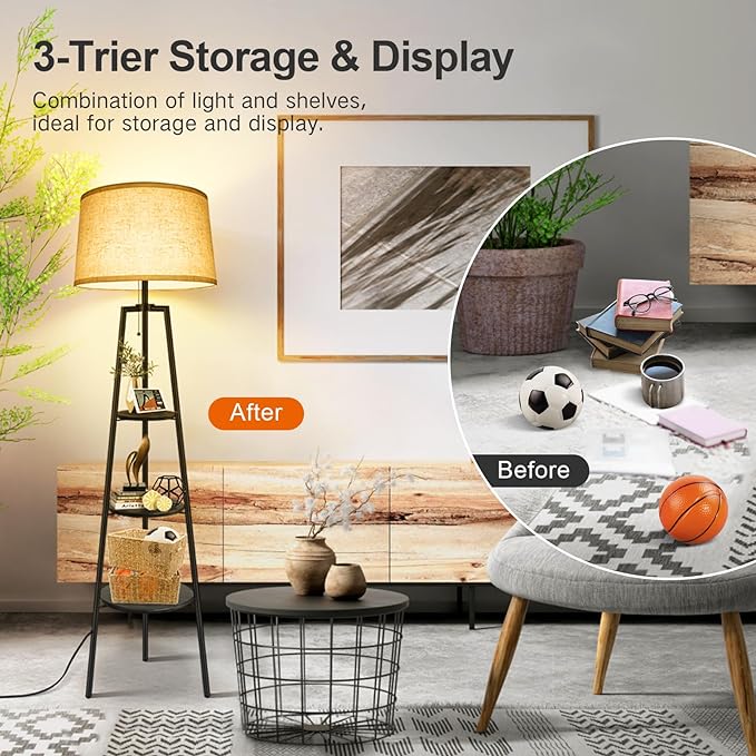 OUTON Tripod Floor Lamp with Shelves, Modern Shelf Floor Lamp with 3 Color Temperatures, Memory Function, Standing Tall Lamp with White Linen Texture Shade for Living Room, Bedroom, Office, Black - LeafyLoom