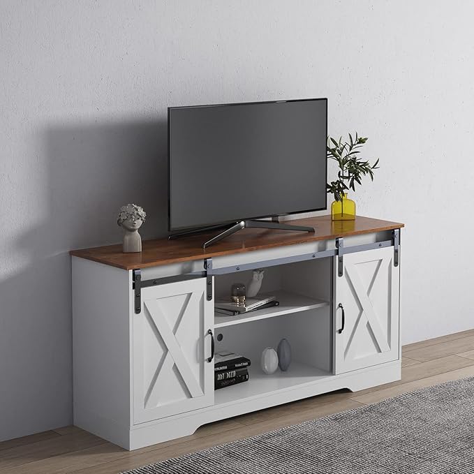 NicBex TV Stand for 65 Inch TV Farmhouse TV Media Console Table with Adjustable Shelves,Entertainment Center with Storage for Living Room,Bedroom,59 Inch,Distressed White&Rustic - LeafyLoom