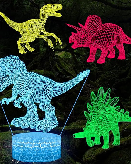 Dinosaur Toys 3D Dinosaur Night Light, 4 Pieces 3D Dinosaur Lamp Toy with 16 Color Changes and Remote Control, Dinosaur Toy Gifts for Kids Boys Girls from 3 4 5 6+ Years - LeafyLoom